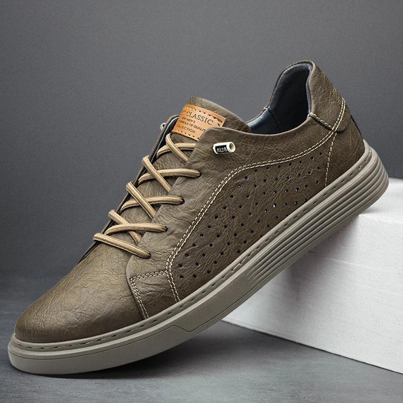 Italian Brand Black Mens Genuine Leather Shoes Casual Male Shoes Man Lace Up Flat Sneakers Luxury Shoes for Men