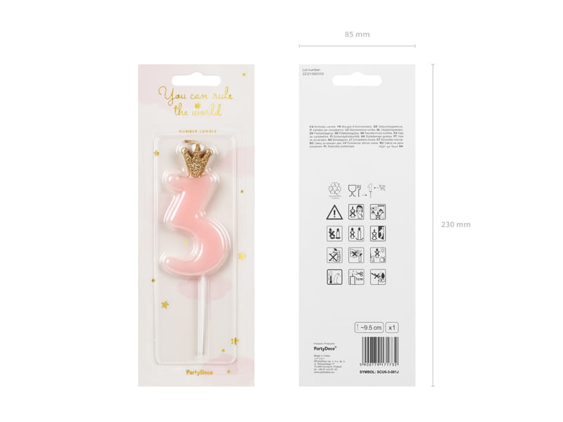 Partydeco Świeczka Urodzinowa Cyfra 3 Jasny Różowy 9,5Cm