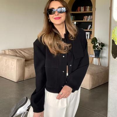 Yousheng Осенние куртки для женщин Оверсайз Легкая укороченная куртка Повседневная на пуговицах Стойка воротник Короткое пальто с карманами