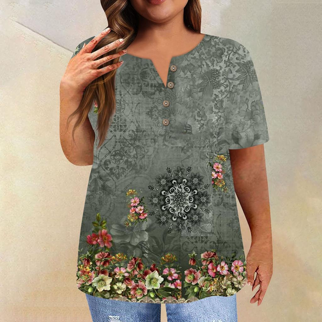 Women's Short Sleeve Shirt Button Plus Size T-Shirt Flower Printed Casual Tops