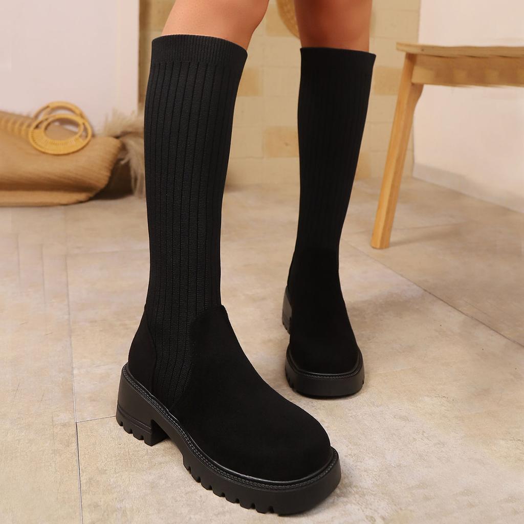 Fashion Comemore Autumn New Suede Elastic Socks Boots for Women Thick Bottom Breathable Knee High Boots Female High Heels Women Shoes