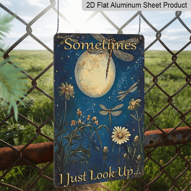 2D Flat Vintage Aluminum Dragonfly Moonlight Metal Sign - 8x12 Inches Aluminum Wall Art with Dandelion & Starry Sky Design, Indoor/Outdoor Hanging