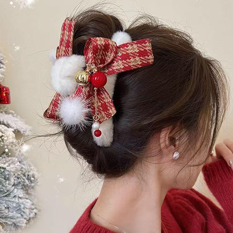 Festive Plush Bow Tassel Bell Claw Clip for Updo Hairstyles