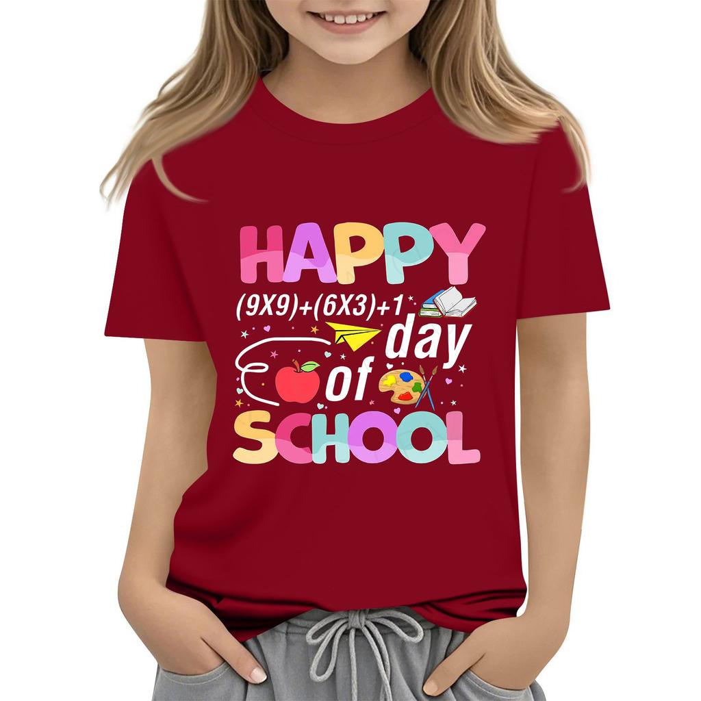 Kids Fashion Casual Short Sleeve 100 Day School Anniversary Printed Round Neck T-Shirt Top