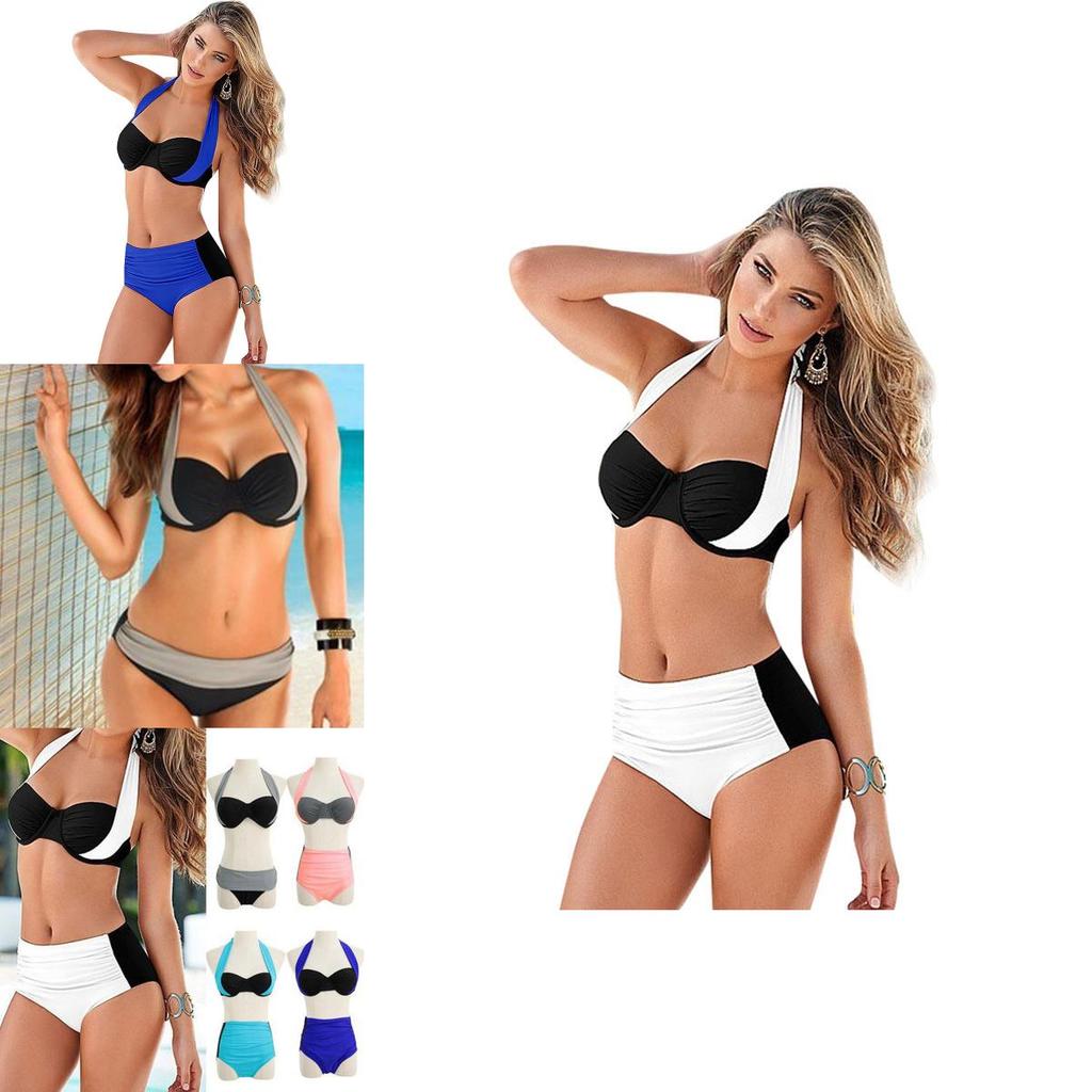 Set Women Bikini Contrast Block Halter Top High Waist Bottom Swimwear Beach