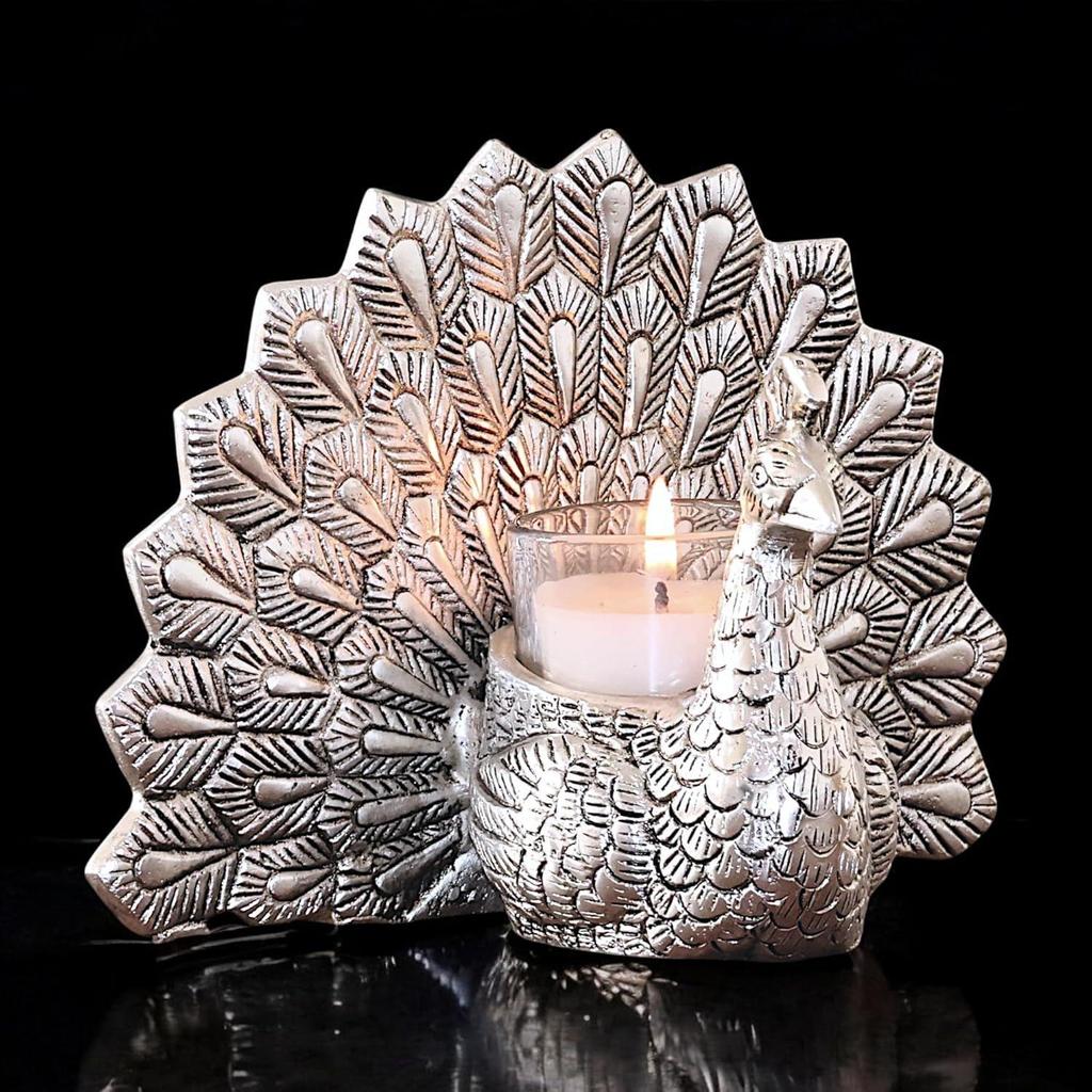 Metal Dancing Peacock Candle Holder Vastu Figurine for Good Luck and Love | Candle Holder for Home Dcor Tabletop Living Room Office | Showpiece