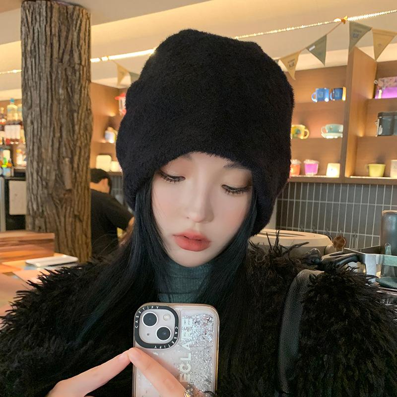 Autumn Winter Soft Imitation Mink Wool Pullover Hat Warm Velvet Japanese Fur Cap Women Stacked Hats