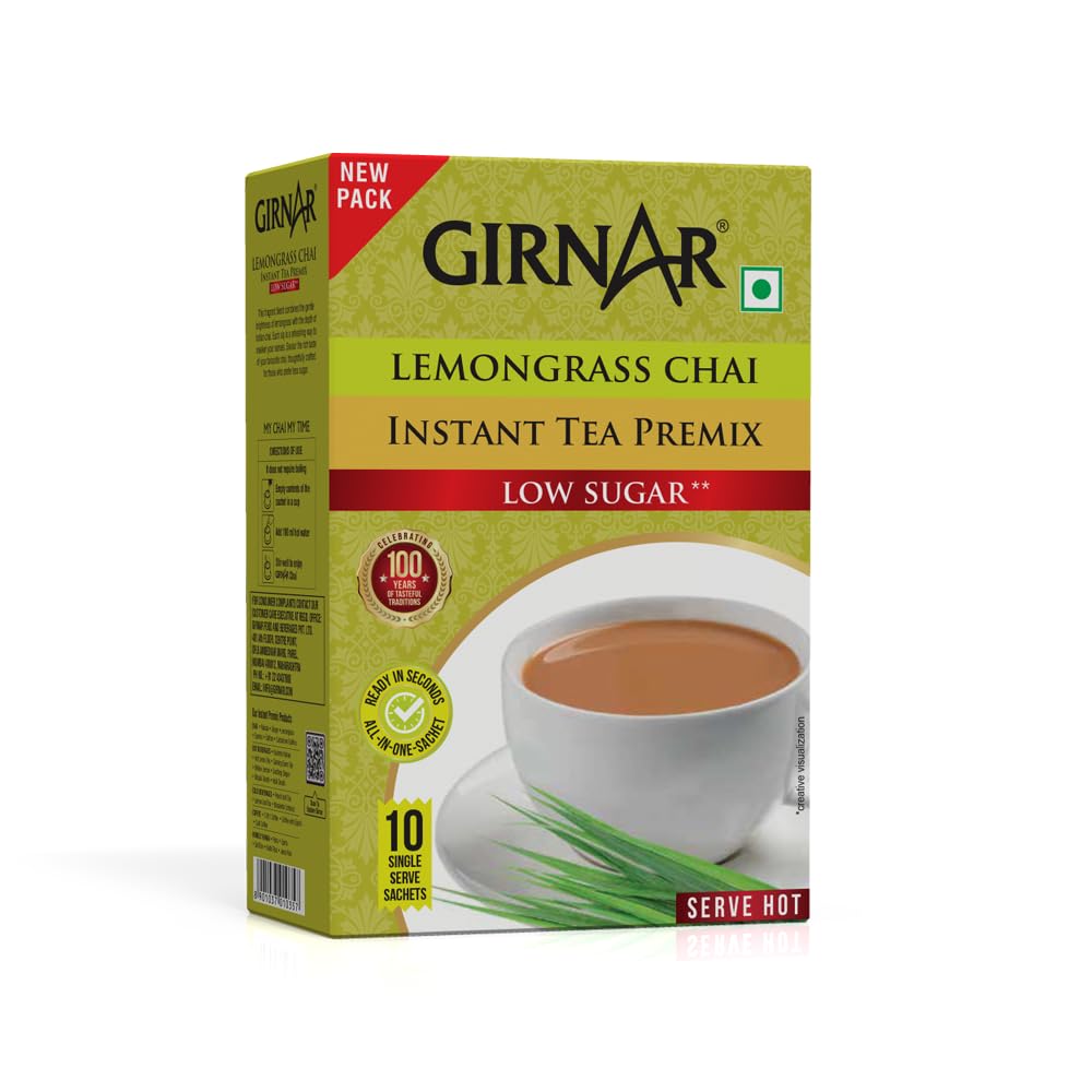 Girnar Instant Premix Lemongrass Chai Tea 10 Low Sugar Sachets Caffeine Free Refreshing Beverage