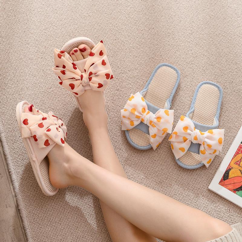 Elegant Home Linen Slippers Breathable Sandal Slippers Female Summer Indoor Fabric Slippers Love Bow Comfortable Slippers Home Shoes Slippers Pink