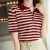IHUASU Женская полосатая хлопковая футболка с воротником-поло, женский свитер из хлопка и льна с коротким рукавом и трикотажным низом