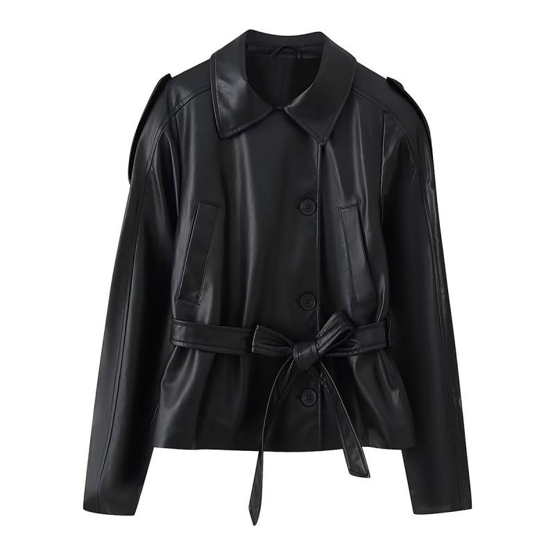 Womens Street Fashion Faux Leather Short Trench Jacket With Belt Black
