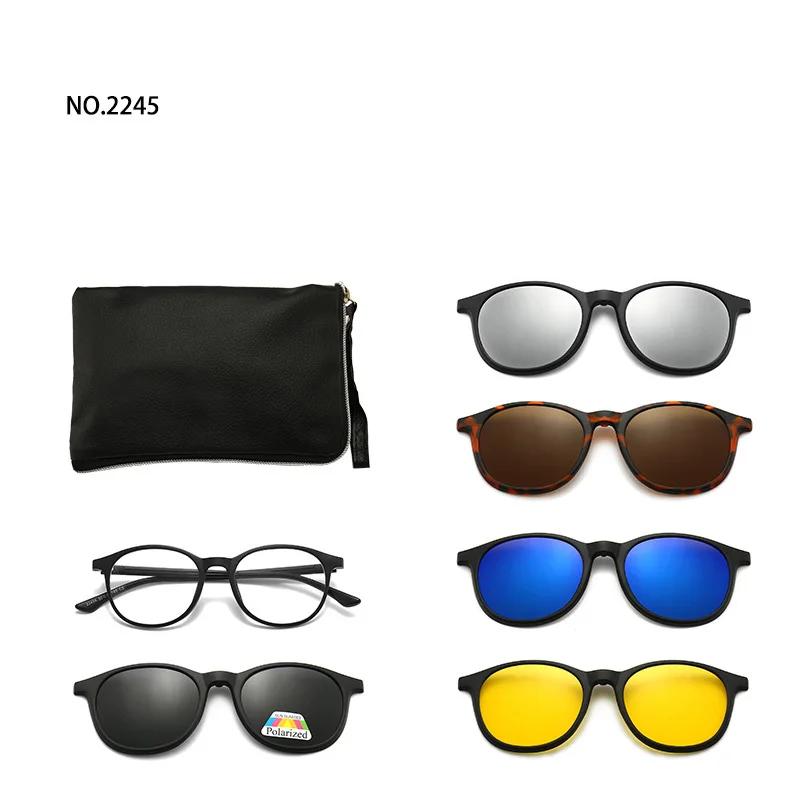 6 In 1 Spectacle Frame Men Women With 5 Pcs Clip On Polarized Sunglasses Magnetic Glasses Male Computer Optical 2201