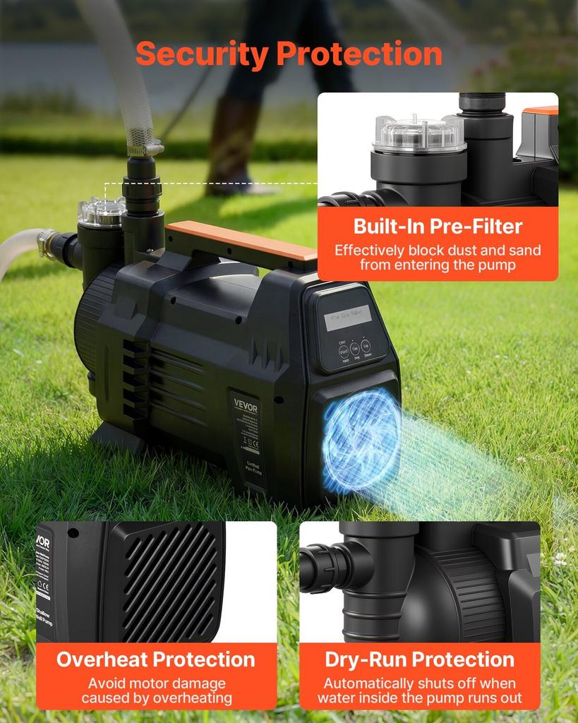 Electronic Shallow Well Jet Pump, 1300W, 4800 L/H Maximum Flow Rate, PP Garden Well Jet Pump with 8 m Suction Height, Intelligent Electronic Control,