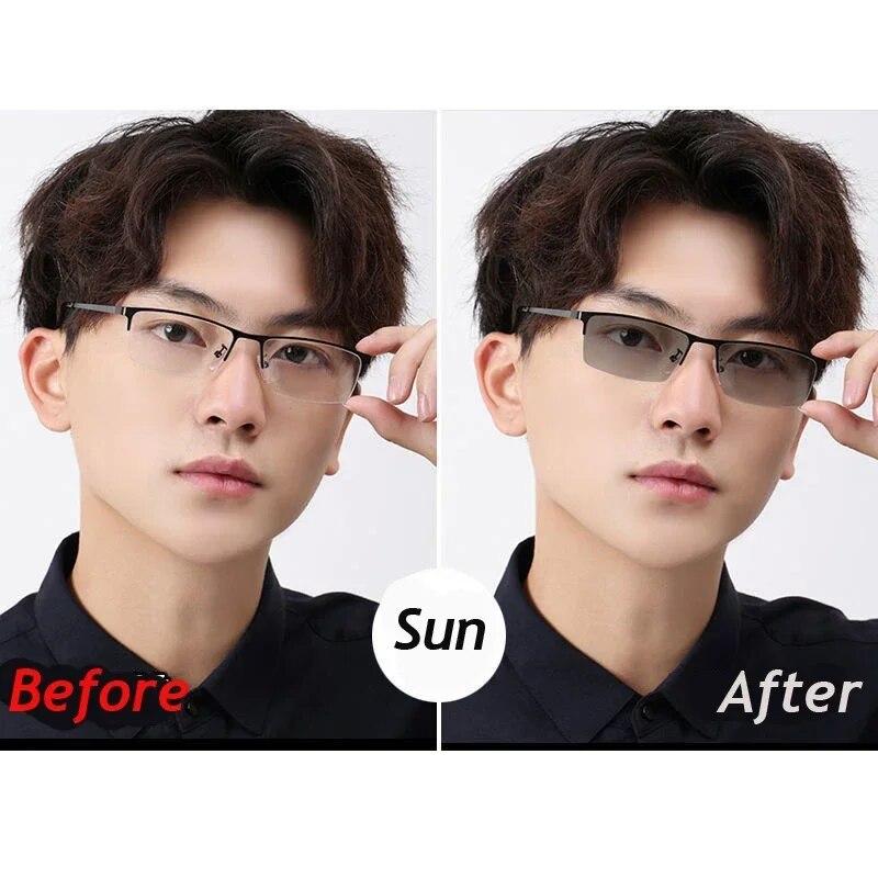 Color Changing Myopia Glasses for Men Anti Blue Light Ultra Light Business Half Frame Men's Glasses Trendy Photochromic Eyewear