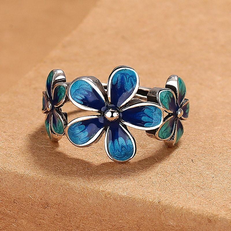 Adjustable Open Ring With Enamel Floral Design Vintage Boho Style Copper Finger Women Men