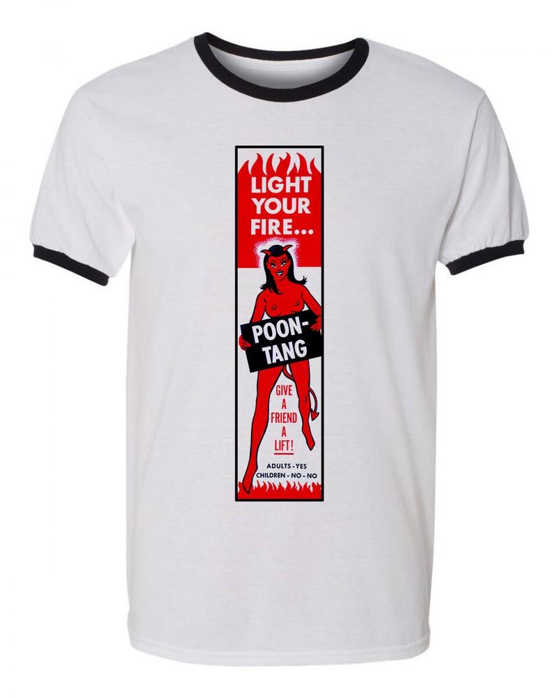 Унисекс Футболка с контрастными манжетами и воротником Хлопок Новинка 70-е Смешной Презерватив Ретро Pin-up Искусство Дьявол Унисекс Футболка