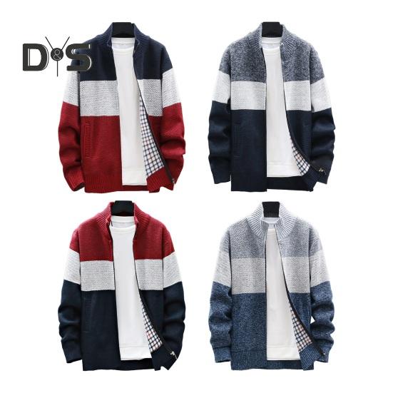 Men Autumn Winter Sweater Coat Stand Collar Thick Plush Color Matching Knitted Elastic Zip-up Long Sleeves Pockets Mid Length Daily Wear Jacket
