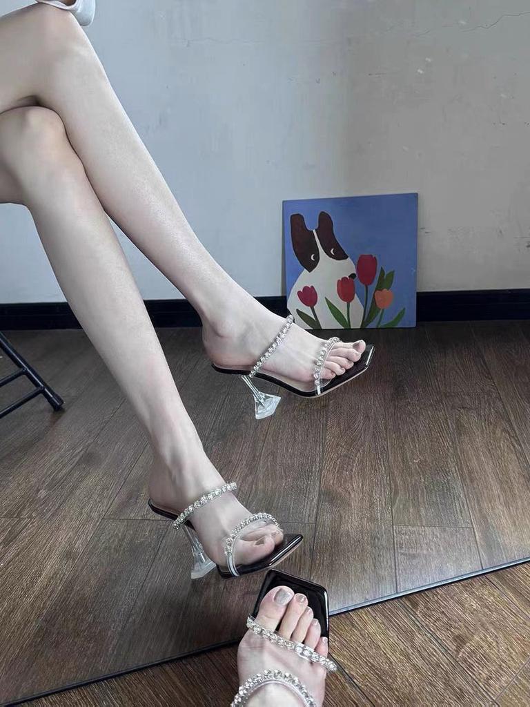 One Word with Transparent High Heels Thick Heel 2025 New Crystal Cool Slippers Outer Wear Women's Summer Silver Rhinestone Sandals Women