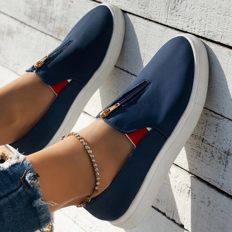 Мода Новый Стиль Женские Кроссовки на Молнии Спереди Низкие парусиновые туфли Однотонные Круглый носок Нескользящие Повседневные Лоферы Слипоны Большой размер 36-43