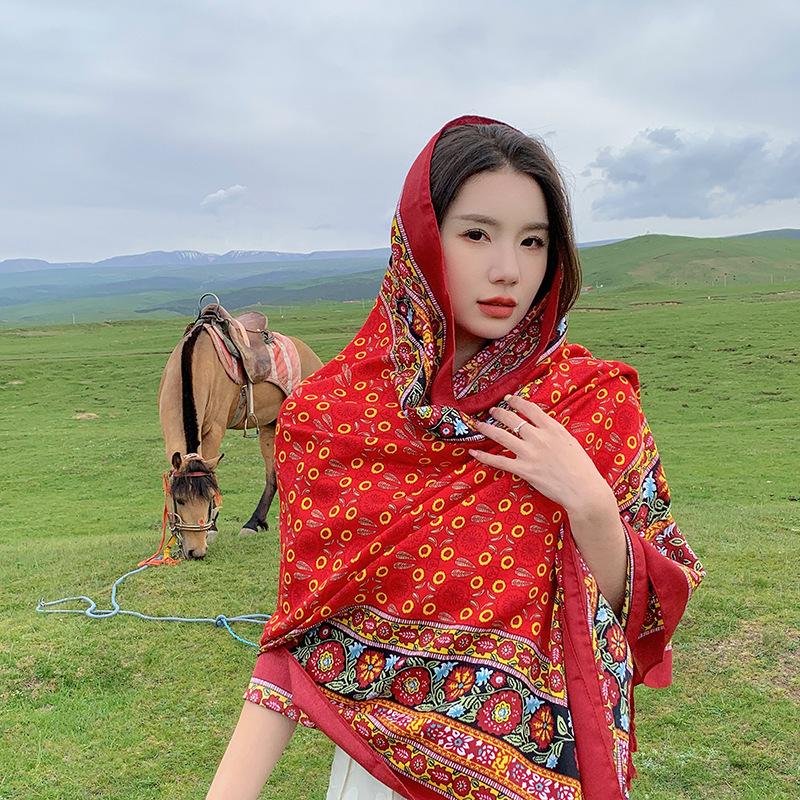 Summer cotton and linen feel scarf travel silk scarf sun protection air conditioner large shawl women's beach towel ethnic style scarf