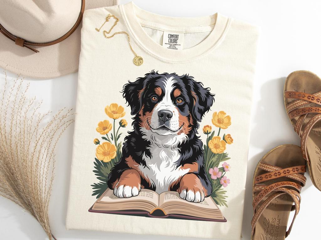 Bernese Mountain Dog T Shirt, Reading Dog Book Tee, Floral Dog Lover Shirt, Cozy Bernese Tee, Bookish Pet Gift, Smart Dog Top