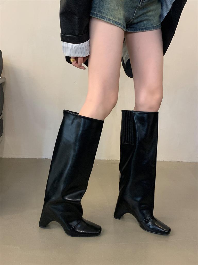 Niche Square Head Coarse Heel Fiber Leather Tall Pants Boots Fried Street Spice Girls Height Up White But Knee Boots Knight Boots