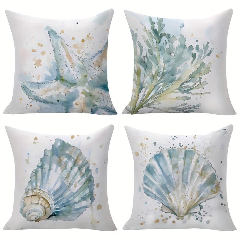 4pcs Watercolor Ocean Theme Pillow Covers with Shell and Starfish Pattern, Fresh Artistic Cushion Covers in Three Sizes, Dou'ble-Sided Print, Zipper C