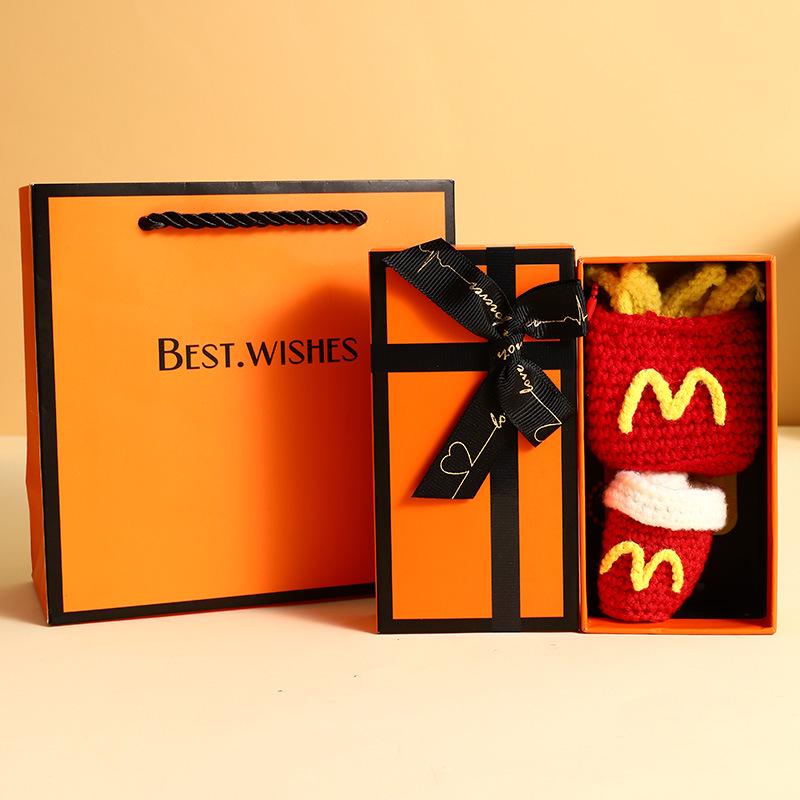 Шерстяной вязаный вручную плюшевый брелок-подвеска для сумки в виде бургера и картофеля фри