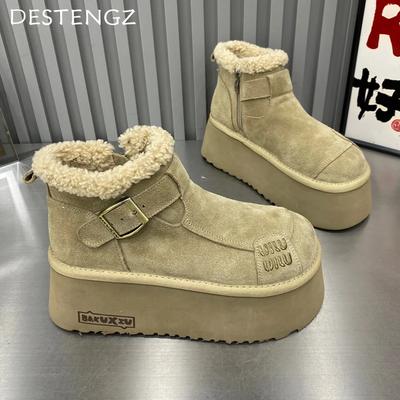 Новые Меховые Ботильоны на Платформе Женские Ботинки на Плоской Подошве Замшевые Теплые Туфли Женские Тренд Дизайнерский Бренд Короткий Плюш Уютные Женские Зимние Ботинки