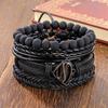 Vintage Black Bead Bracelets For Men Fashion Hollow Triangle Leather Bracelet &Bangles Multilayer Wide Wrap Jewelry