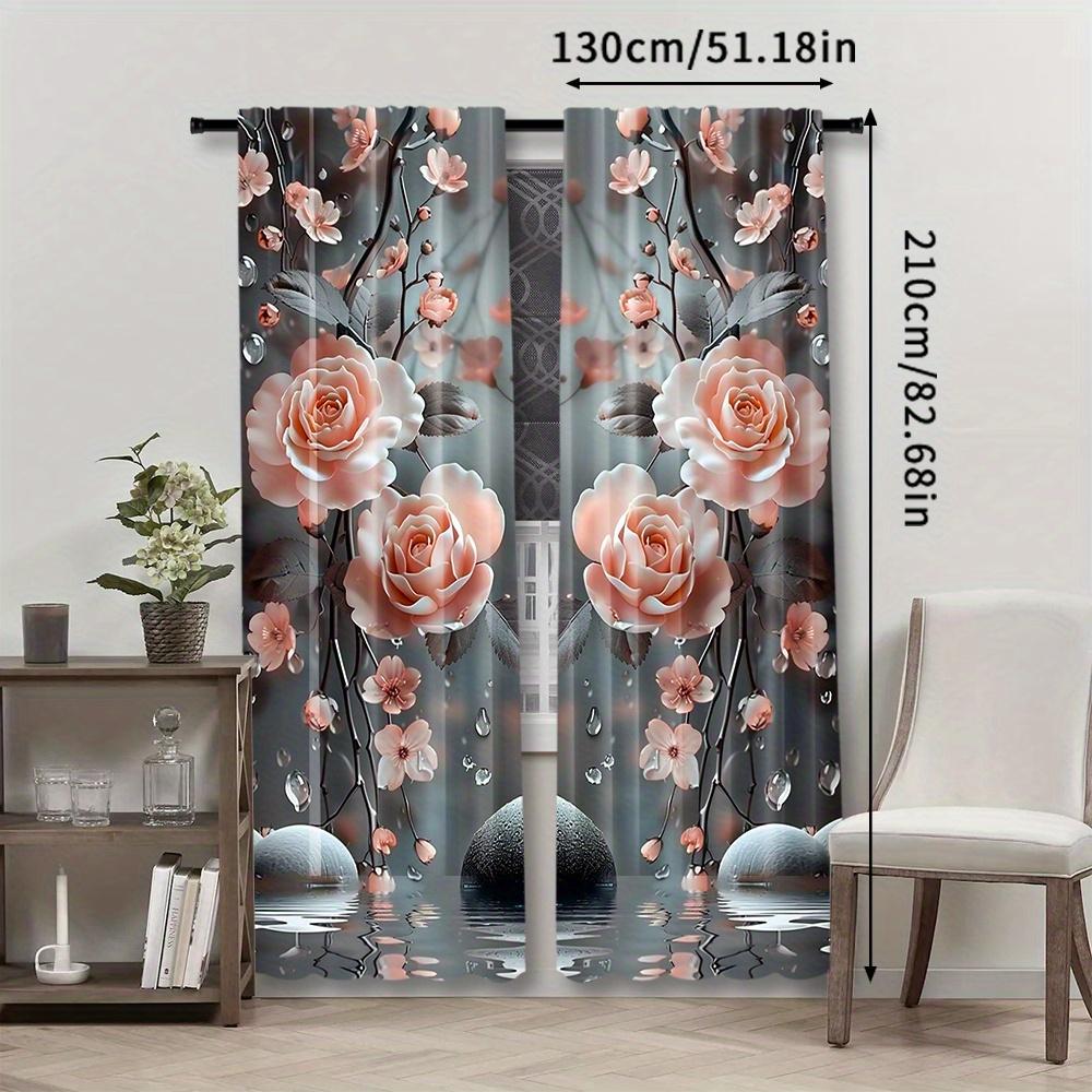 2pcs, Elegant Pink Flowers Printed Window Curtain, Rod Pocket Window Curtain, Semi Blackout Decorative Curtains for Living Room Office Home Decoration