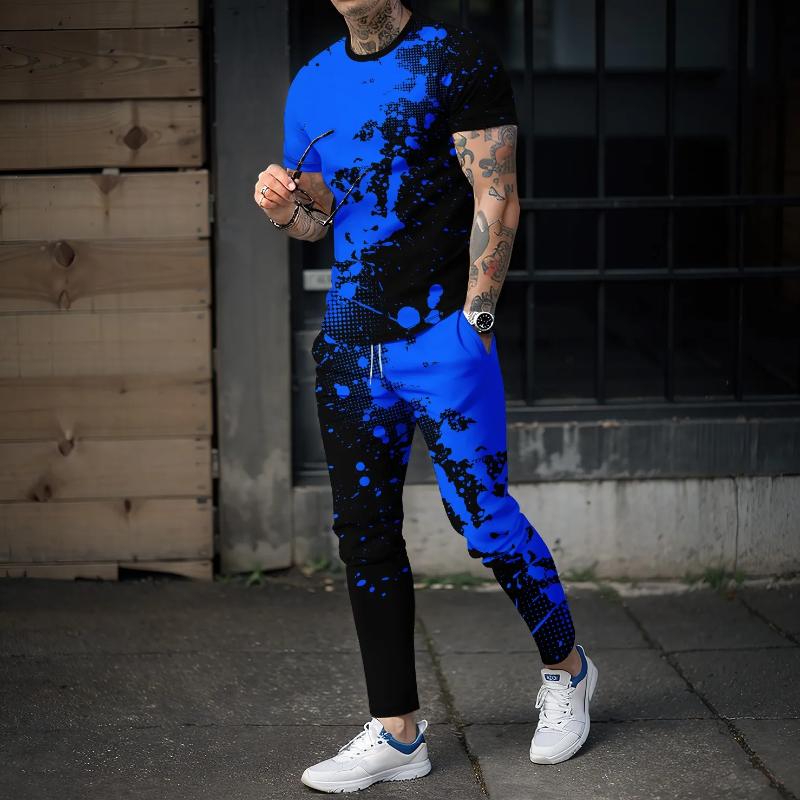 Новый летний комплект спортивной одежды, футболка с короткими рукавами, длинные брюки, комплект из 2 предметов, 3D-сращивание, повседневный и красивый дорожный комплект высокого качества