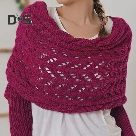 Knitted Cable Wrap Scarf with Sleeves Soft Bohemian Style Shawl Scarf Hollow Crochet Pattern Cross Wrap Scarf Sweater Wrap