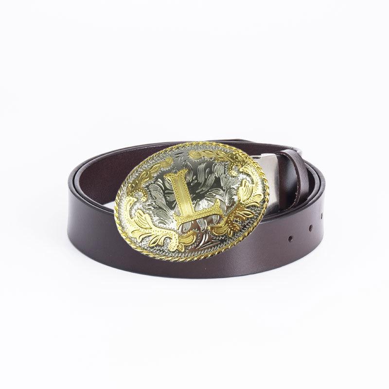 Whole Cowhide Retro Men's Belt Letter L Gold and Silver Two-color Oval Buckle Belt Men