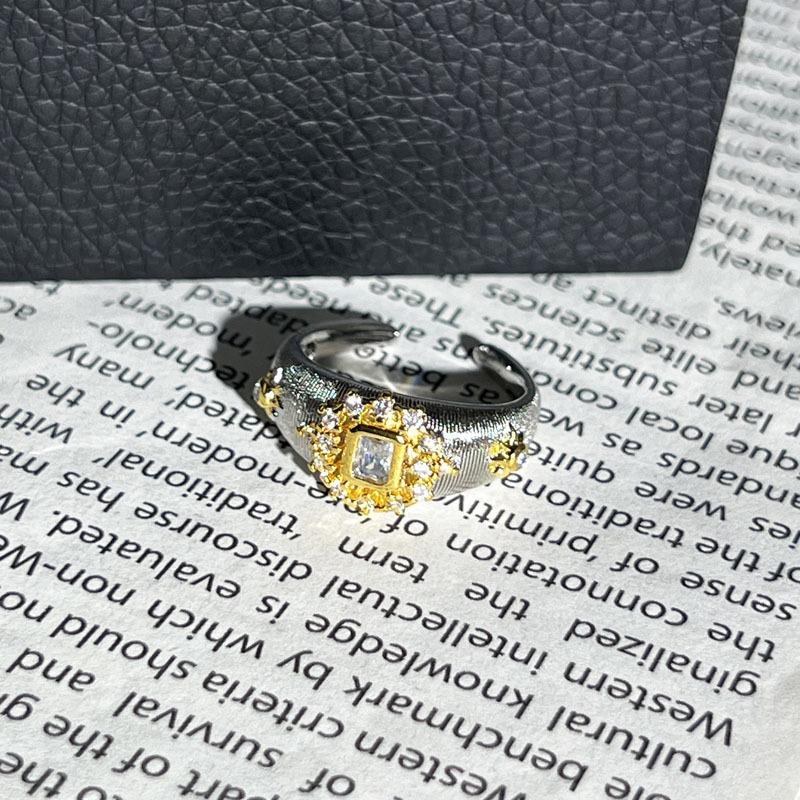 Palace style mixed and matched flower brushed hollow retro inlaid temperament open ring women's exquisite light luxury fashion ring