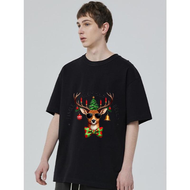 Christmas Deer T Shirt Black Reindeer with Sunglasses and Bowtie Christmas Tree and Bells Jingle All The Way Holiday Party Wear