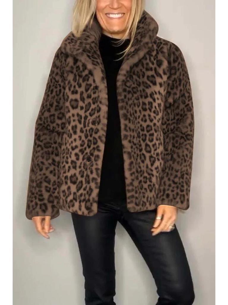 Зимняя женская мода 2024 года Пальто из искусственного меха с леопардовым принтом и лацканами