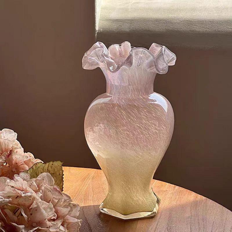 Vintage Fenton Handmade Glass Vase Hexagon Floral Edge Table Decor Hydroponic Flower Vase Home Decor