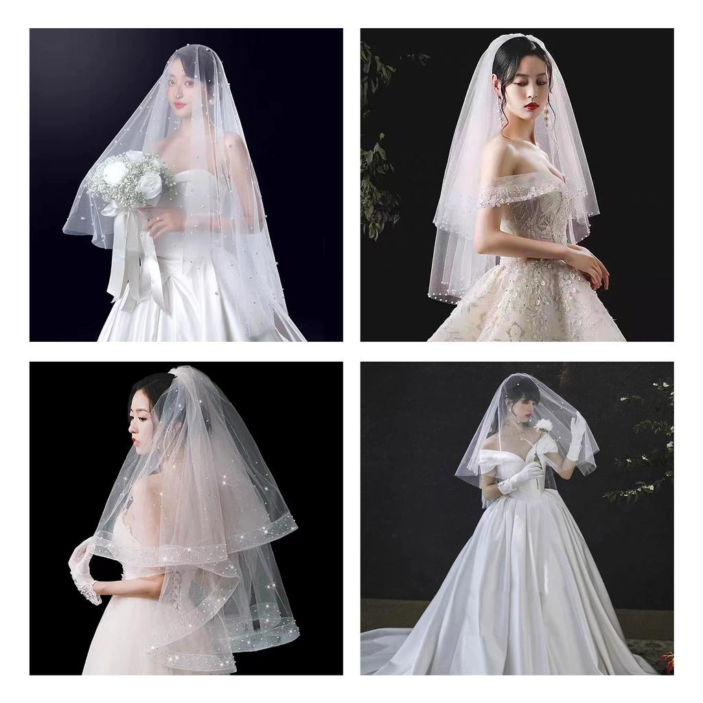 Elegant Bridal Lace Veil Women Pearl Tulle Bachelorette Party White Veil with Rhinestone for Wedding Performances