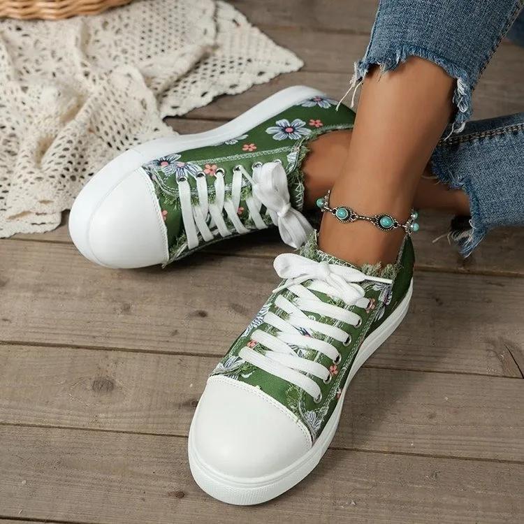 Fashion Women's Sneakers Design Round Toe Flower Print Canvas Sneakers All Match Outdoor Walking White Shoes Women Zapatos Para Mujeres