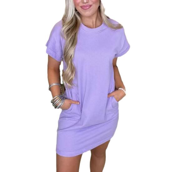 Женское платье-футболка с коротким рукавом, повседневное короткое платье с круглым вырезом и карманами, летнее мини-платье-футболка