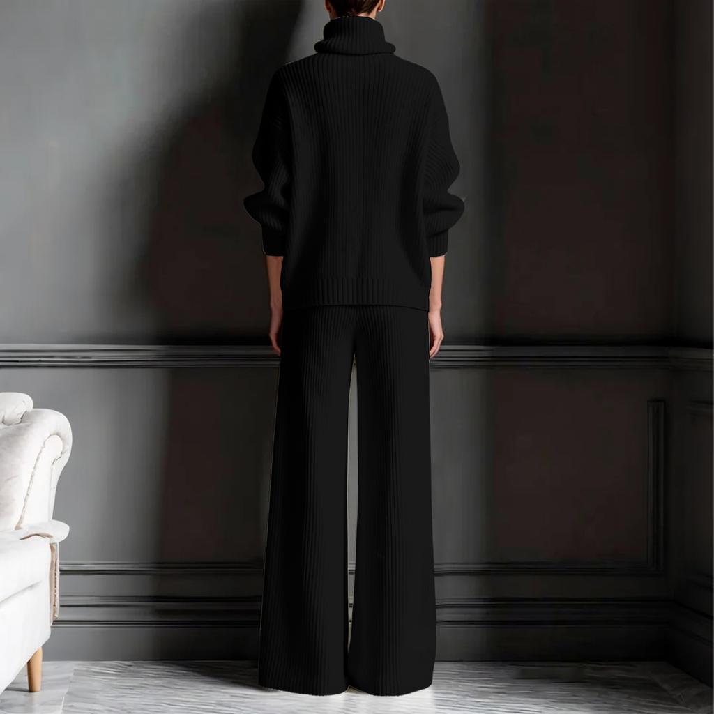 Женский кардиган с высоким воротником, топ с длинными рукавами и брюки с широкими штанинами, вязаный комплект из двух частей