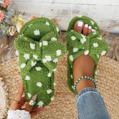 Уютные и милые женские плюшевые тапочки с дизайном бантика в горошек - Мягкая, теплая домашняя обувь с нескользящей подошвой из ЭВА, Домашние тапочки