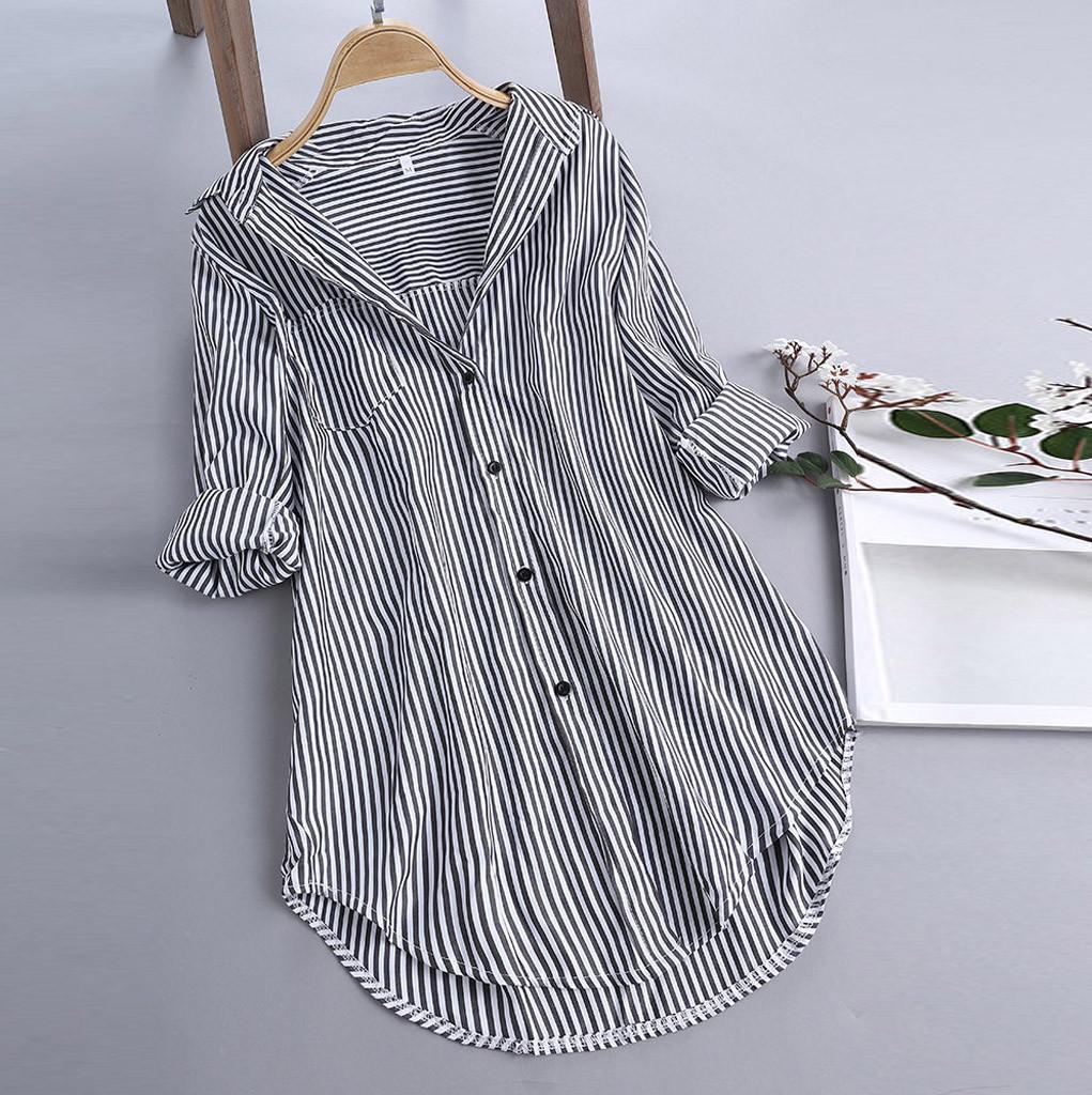 Women Stripe Long Sleeve Turn-down Collar Button Loose Top Shirts Blouse