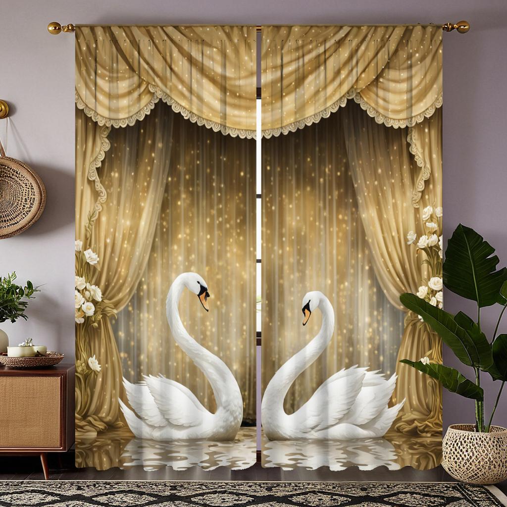 2 Pieces HD Digital Yellow Color Swan Love Curtains Home Decorating Style Decorating Living Room Bedroom Rodding Curtain Effect