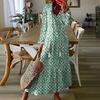 Women Dress Tassel Decor Printed Ruffle A-line Loose Hem Mid Waist Long Sleeve V Neck Soft Ankle Length Bohemian Style Beach Maxi Dress