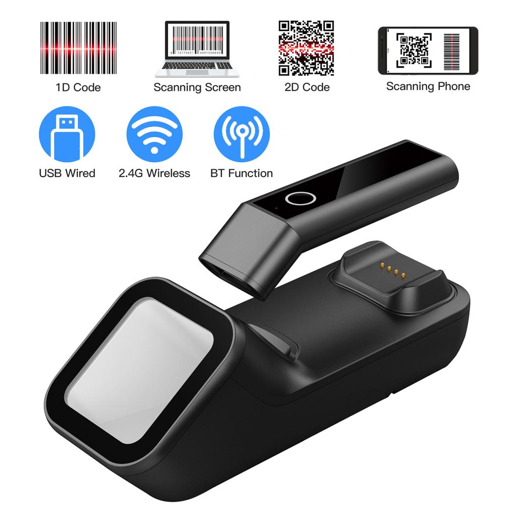 Handheld 3-in-1 Barcode Scanner 1D/2D/QR Bar Code Reader Support BT & 2.4G Wireless and USB Wired Warehouse Mobile Payment