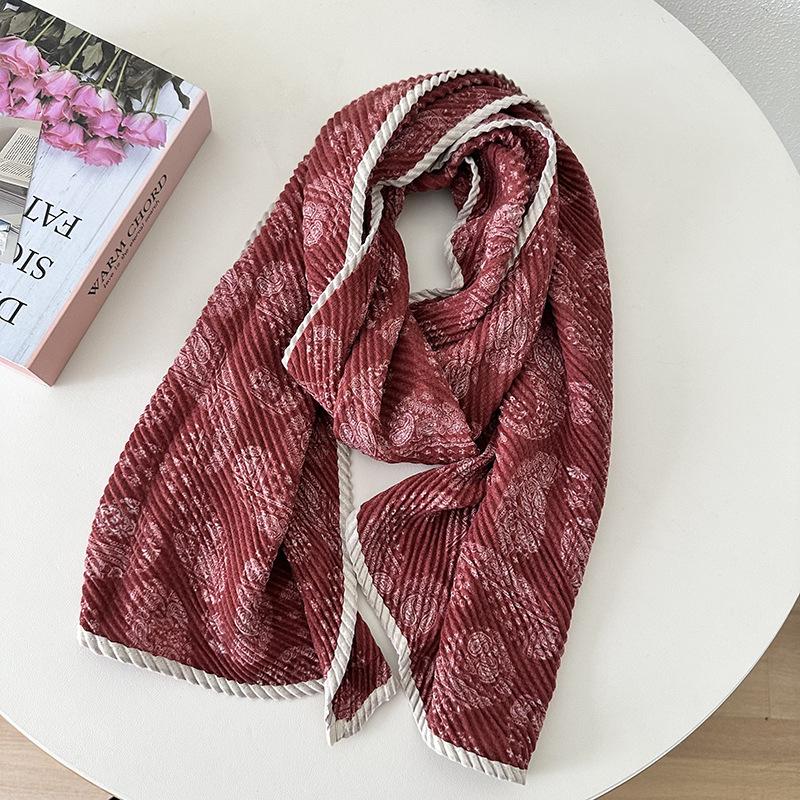 Women's Double-layer Cotton and Linen Floral Scarf Autumn and Winter Pleated Wrapped Shawl Scarf