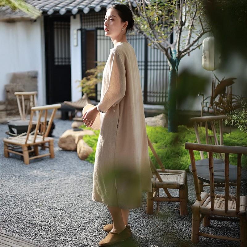 Johnature Женские платья в китайском стиле с круглым вырезом и девятью рукавами, однотонные, весенние, на пуговицах, винтажные, свободные, А-силуэта