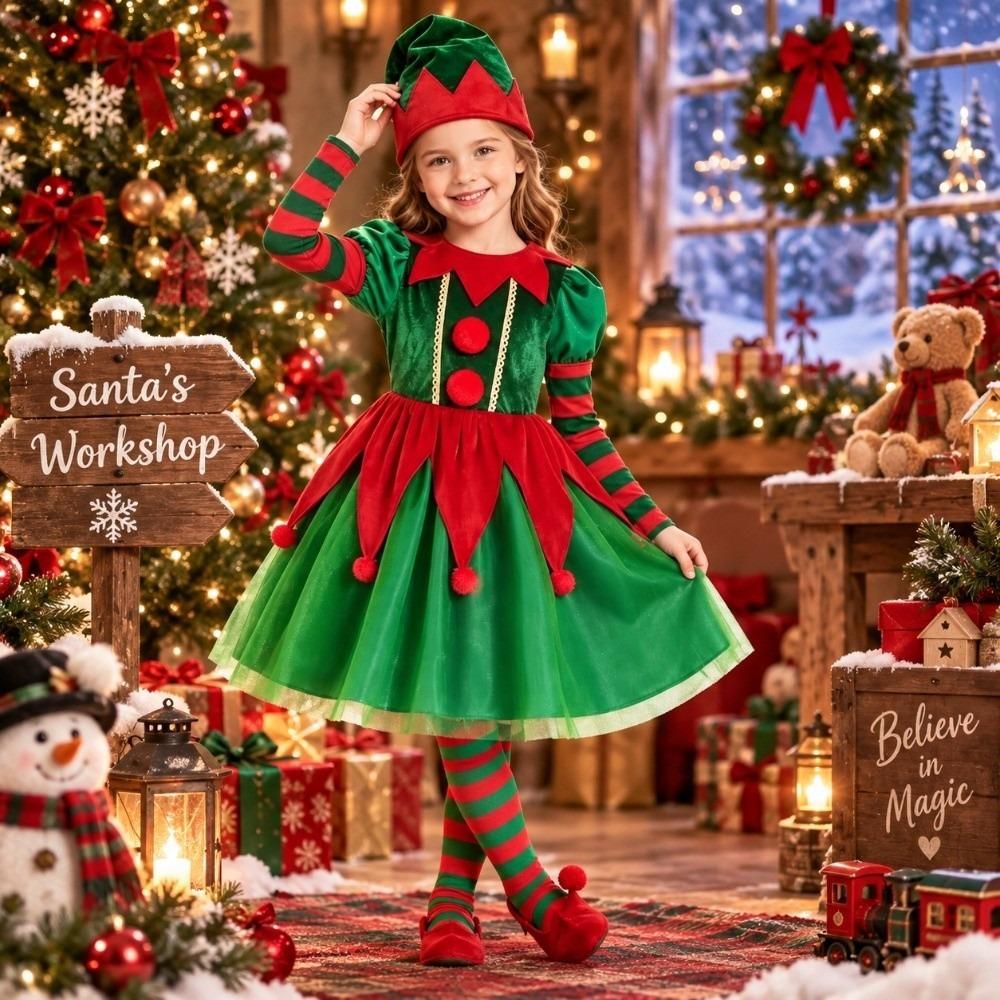 Long Sleeve Children's Elf Outfits Role Playing Elf Dress Suit for Girls Christmas